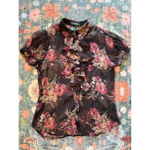 Lauren Ralph Lauren Black Floral Ruffle Short Sleeve Blouse